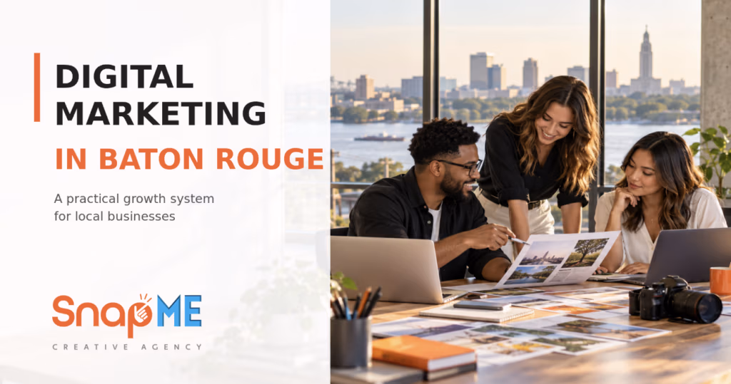 SnapMe Creative Agency team planning digital marketing for Baton Rouge businesses with the city skyline in view